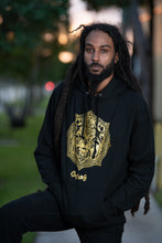 Load image into Gallery viewer, Black hoodie with gold metallic Lion Mandala design by Cooyah Clothing
