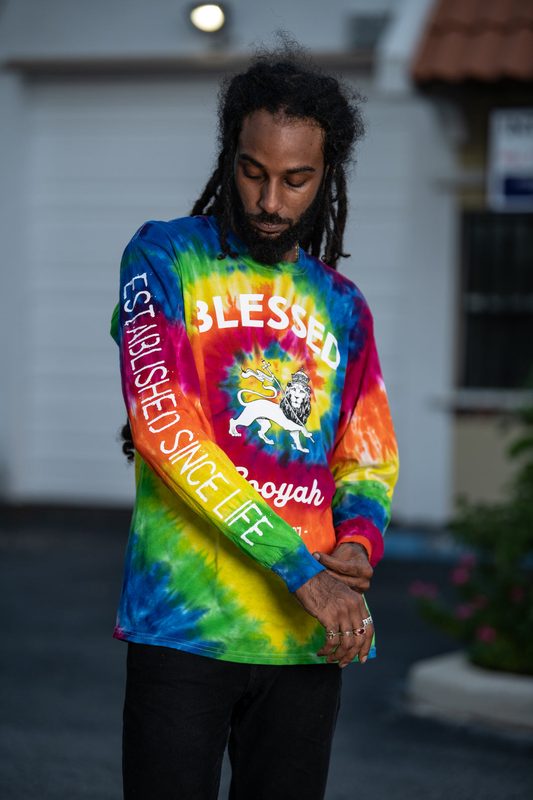 Cooyah Blessed Lion Tie-Dye long Sleeve Tee.  Reggae -style Jamaican streetwear.  Rasta Lion