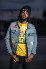Load image into Gallery viewer, Cooyah Jamaica. Men&#39;s denim jacket with Rasta Lion design. Handprinted design. Reggae rootswear clothing brand. IRIE
