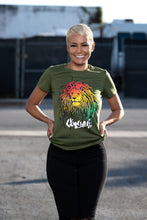 Load image into Gallery viewer, Cooyah Jamaica. Women&#39;s Rasta Lion with dreads graphic tee in olive green. Reggae rootswear with Jamaican streetwear style. Irie
