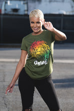 Load image into Gallery viewer, Cooyah Jamaica. Women&#39;s Rasta Lion with dreads graphic tee in olive green. Reggae rootswear with Jamaican streetwear style. Iri
