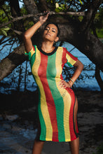 Load image into Gallery viewer, Cooyah Jamaica. Rasta Mesh Dress. Crocheted in red, gold, and green reggae colors. Jamaican beachwear clothing.
