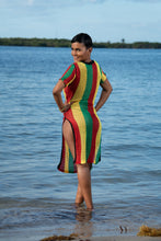 Load image into Gallery viewer, Cooyah Jamaica. Rasta Mesh Dress. Crocheted in red, gold, and green reggae colors. Jamaican beachwear clothing.
