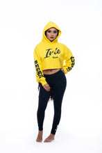 Load image into Gallery viewer, Cooyah Jamaica.  Women&#39;s yellow cropped pull-over  hoodie with irie graphic. Hand-printed Jamaican streetwear designs on the front, back, and sleeve for added style.
