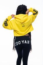 Load image into Gallery viewer, Yellow cropped hoodie with irie graphic. Hand-printed Jamaican streetwear designs on the front, back, and sleeve for added style by Cooyah.
