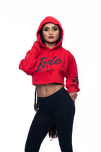 Load image into Gallery viewer, Cooyah Clothing. Women&#39;s red cropped hoodie with irie graphic. Hand-printed Jamaican streetwear designs on the front, back, and sleeve for added style by Cooyah.
