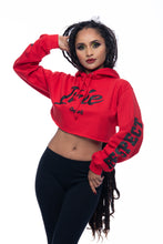 Load image into Gallery viewer, Cooyah Clothing.  Women&#39;s red cropped hoodie with irie graphic. Hand-printed Jamaican streetwear designs on the front, back, and sleeve for added style by Cooyah.
