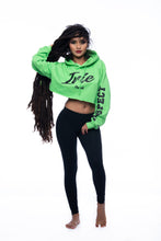 Load image into Gallery viewer, Cooyah Clothing.  Women&#39;s lime green cropped hoodie with irie Jamaica graphic. Hand-printed Jamaican streetwear designs on the front, back, and sleeve for added style.
