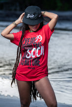 Load image into Gallery viewer, Cooyah Jamaica. I&#39;ve Got 99 Problems and Soca is Not One. Women&#39;s Ringspun cotton, short sleeve graphic tee in red. Jamaican clothing brand.
