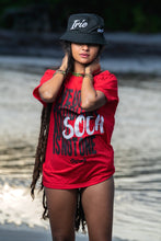 Load image into Gallery viewer, Cooyah Jamaica. I&#39;ve Got 99 Problems and Soca is Not One. Women&#39;s Ringspun cotton, short sleeve graphic tee in red. Jamaican clothing brand.
