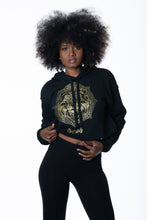 Load image into Gallery viewer, Cooyah Jamaica. Women&#39;s black Lion Mandala cropped hoodie with metallic gold print. Jamaican clothing brand.
