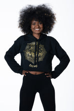 Load image into Gallery viewer, Cooyah Jamaica. Women&#39;s black Lion Mandala cropped hoodie with metallic gold print. Jamaican clothing brand.
