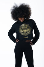 Load image into Gallery viewer, Cooyah Jamaica.  Women&#39;s black Lion Mandala cropped hoodie with metallic gold print.  Jamaican clothing brand.
