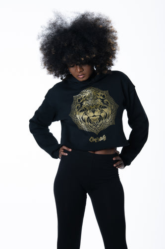 Cooyah Jamaica.  Women's black Lion Mandala cropped hoodie with metallic gold print.  Jamaican clothing brand.