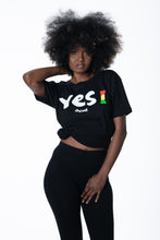 Load image into Gallery viewer, Cooyah Jamaica. Women&#39;s short sleeve tee with Yes I graphic. Black t-shirt screen printed in rasta colors.  Reggae style. Jamaican clothing  band. IRIE
