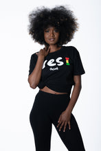 Load image into Gallery viewer, Black women&#39;s tee with classic Yes I Jamaican graphic by Cooyah Clothing 
