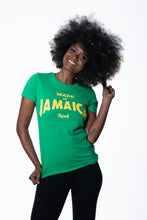 Load image into Gallery viewer, Cooyah Clothing Made in Jamaica women&#39;s fitted graphic tee with yellow screen print on soft 100% cotton fabric.
