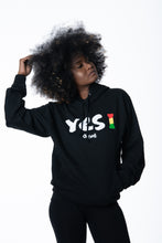 Load image into Gallery viewer, Cooyah Clothing. Women&#39;s Yes I Jamaica hoodie in black. Screen printed design in reggae colors. Jamaican streetwear clothing. IRIE

