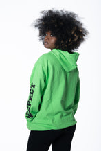 Load image into Gallery viewer, Cooyah women&#39;s lime green hoodie with the word RESPECT screen printed on the sleeves.
