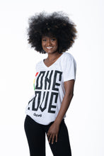 Load image into Gallery viewer, Cooyah Jamaica. One Love women&#39;s graphic tee in white. V-Neck, short sleeve, ringspun cotton screen printed in reggae colors. Jamaican clothing brand.
