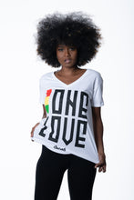 Load image into Gallery viewer, Cooyah Jamaica. One Love women&#39;s graphic tee in white. V-Neck, short sleeve, ringspun cotton screen printed in reggae colors. Jamaican clothing brand.
