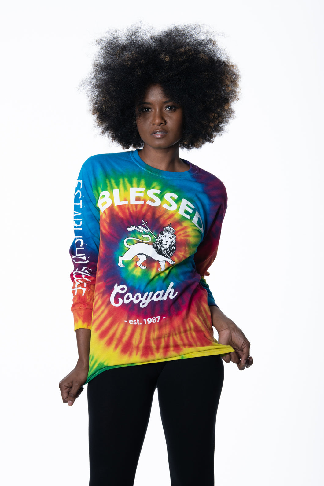 Women’s Long Sleeve Tie-Dye T-Shirt with Blessed Lion Graphic