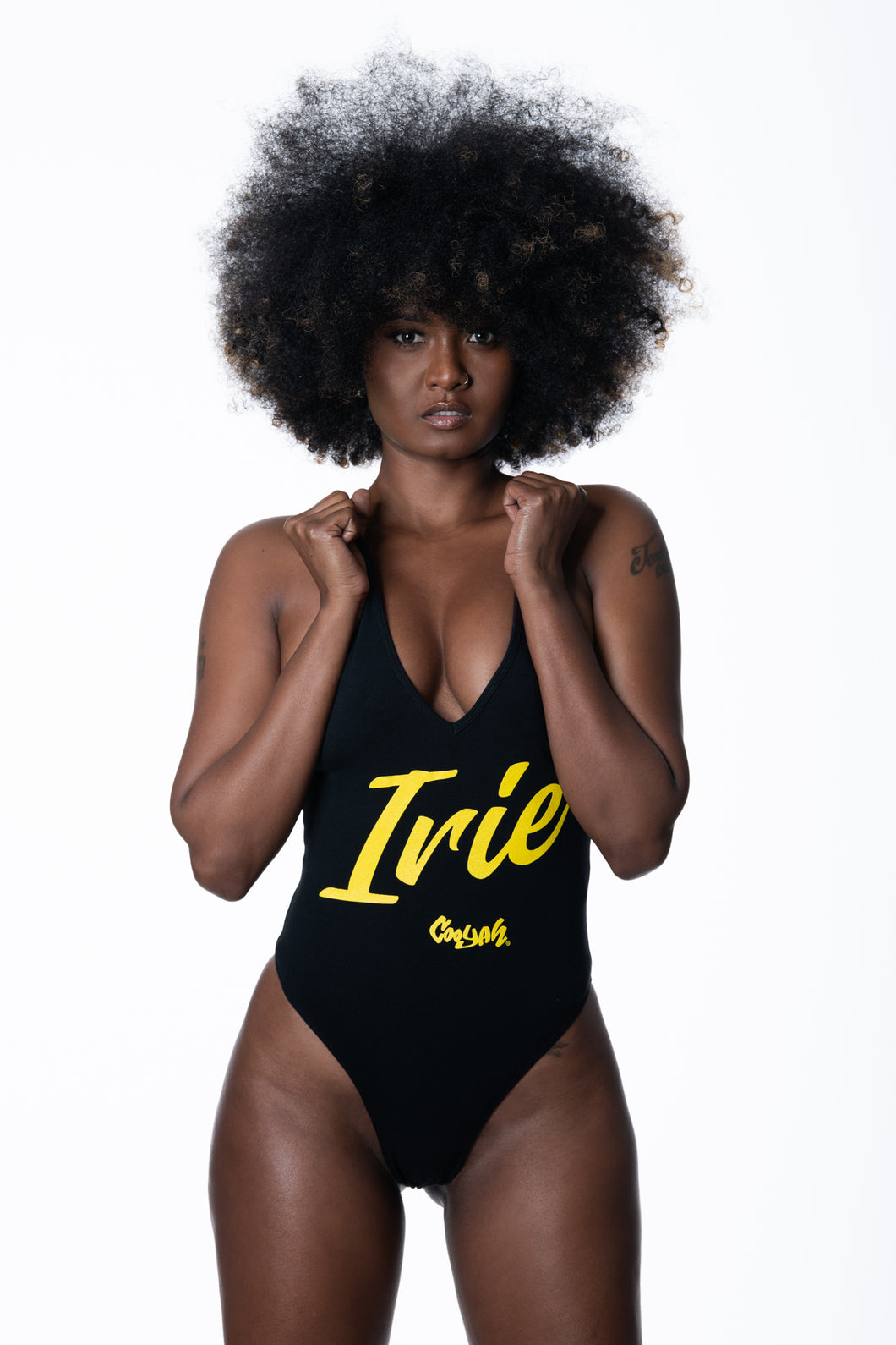 Cooyah Clothing.  Women's Irie Bodysuit in black.  Jamaican Beachwear