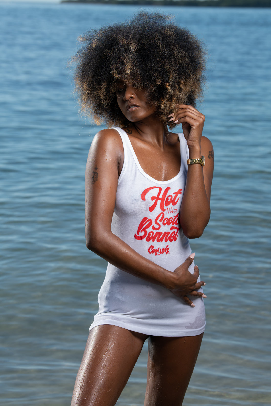 Cooyah Clothing.  Hot Like Scotch Bonnet women's tank top.  Jamaican beachwear clothing.