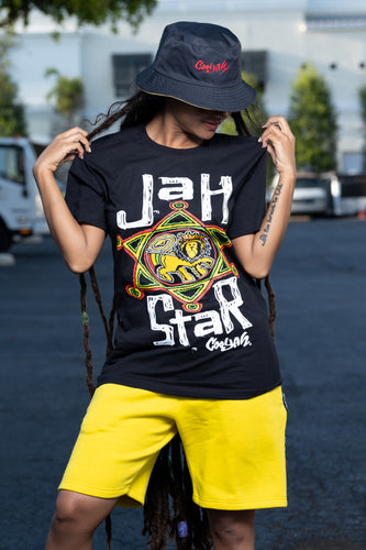 Cooyah Jah Star women's relaxed fit short sleeve tee with screen printed rasta lion graphics.  Jamaican reggae streetwear clothing.  IRIE