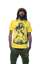 Load image into Gallery viewer, Cooyah Jamaican clothing brand, Dread and Lion men&#39;s yellow graphic tee. Rasta man with dreadlocks artwork screen printed design on soft, 100% ringspun cotton.
