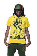 Load image into Gallery viewer, Cooyah Dread and Lion men&#39;s yellow graphic tee.  Rasta man with dreads artwork screen printed design on soft, 100% ringspun cotton.
