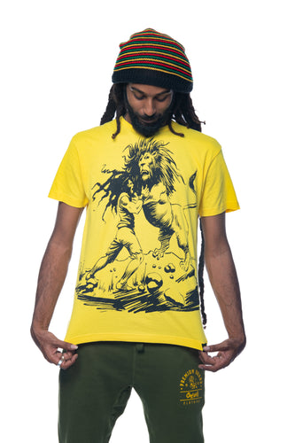 Cooyah Dread and Lion men's yellow graphic tee.  Rasta man with dreads artwork screen printed design on soft, 100% ringspun cotton.