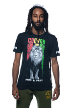 Load image into Gallery viewer, Cooyah Clothing.  Rasta Lion men&#39;s short sleeve tee.  Crew neck with reggae colors print and Hope and Pray design on the sleeves.  Jamaican streetwear clothing.
