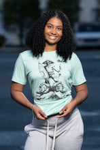 Load image into Gallery viewer, Cooyah Jamaica.  Women&#39;s African Warrior graphic tee in blue. Short sleeve, soft, ringspun cotton.

