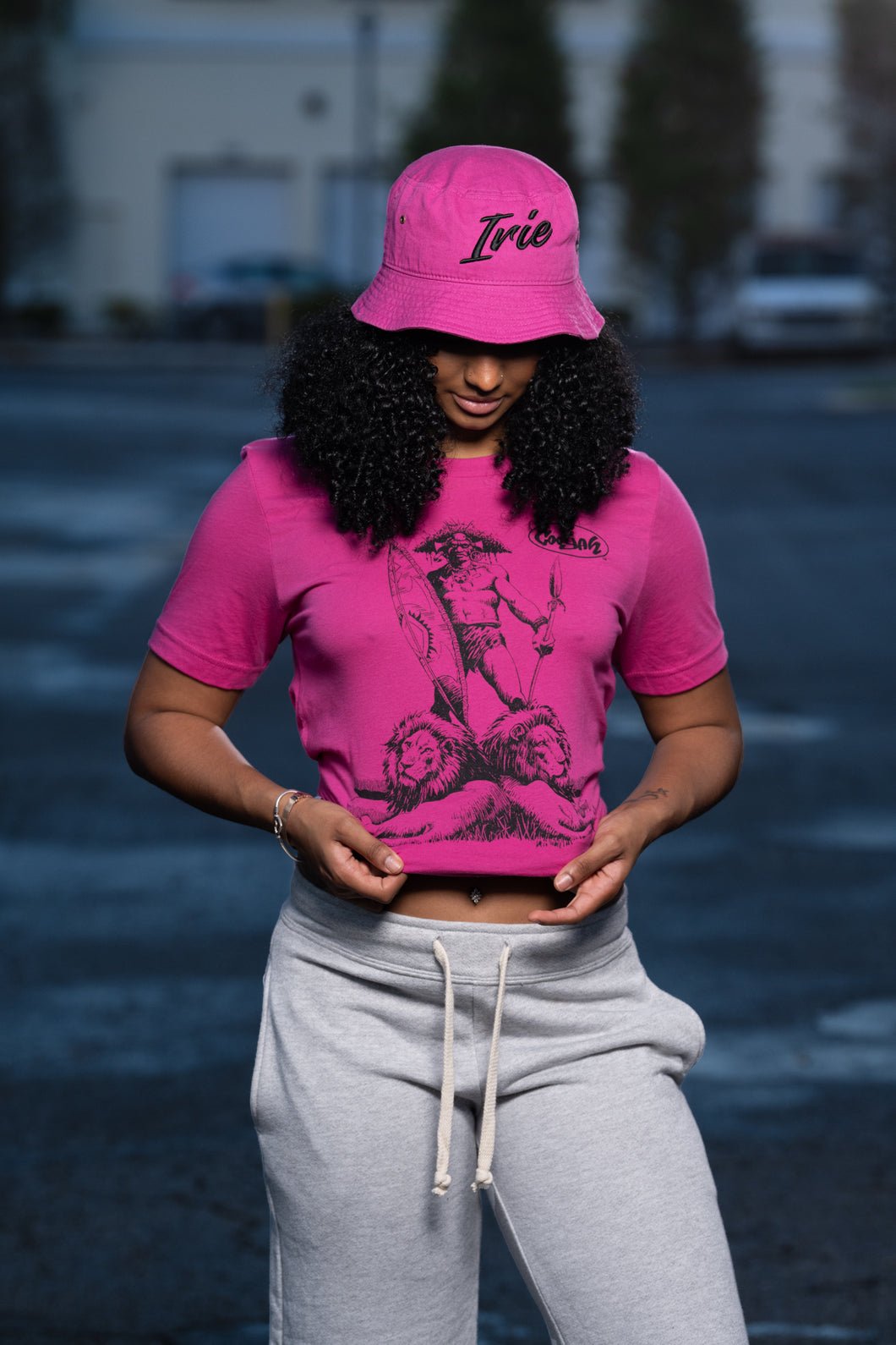 Cooyah Jamaica. Women's African Warrior graphic tee in pink. Short sleeve, soft, ringspun cotton.