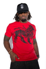 Load image into Gallery viewer, Cooyah Jamaica.  Rasta Lion men&#39;s short sleeve graphic tee in red. Jamaican reggae streetwear clothing brand.
