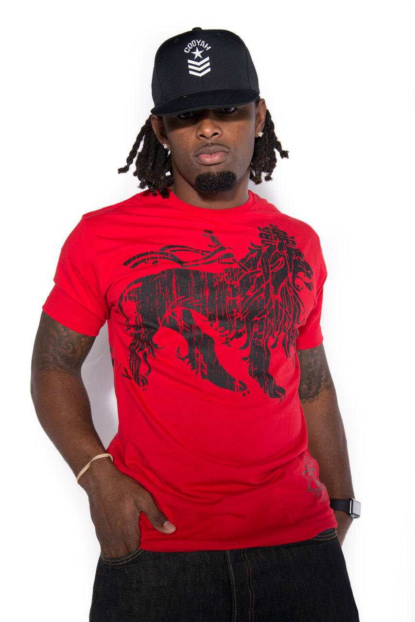 Cooyah Jamaica.  Rasta Lion men's short sleeve graphic tee in red. Jamaican reggae streetwear clothing brand.