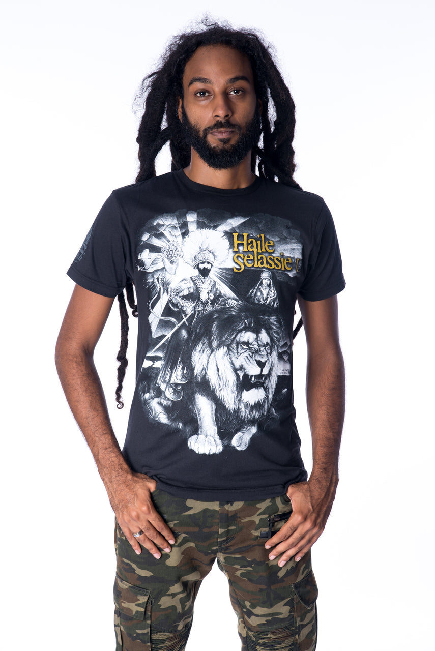 Cooyah Clothing. Haile Selassie King Rastafari men's graphic tee in black. Short sleeve, crew neck, screen printed on 100% ringspun cotton. Jamaican streetwear clothing. Rasta