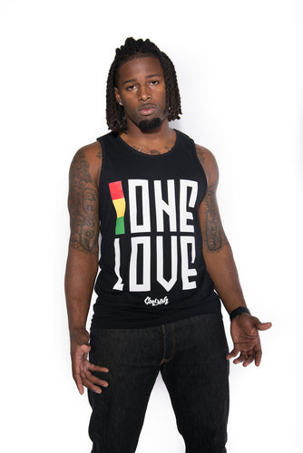 Cooyah Jamaica.  Men's black tank top with One Love reggae graphic.  Jamaican streetwear clothing band.