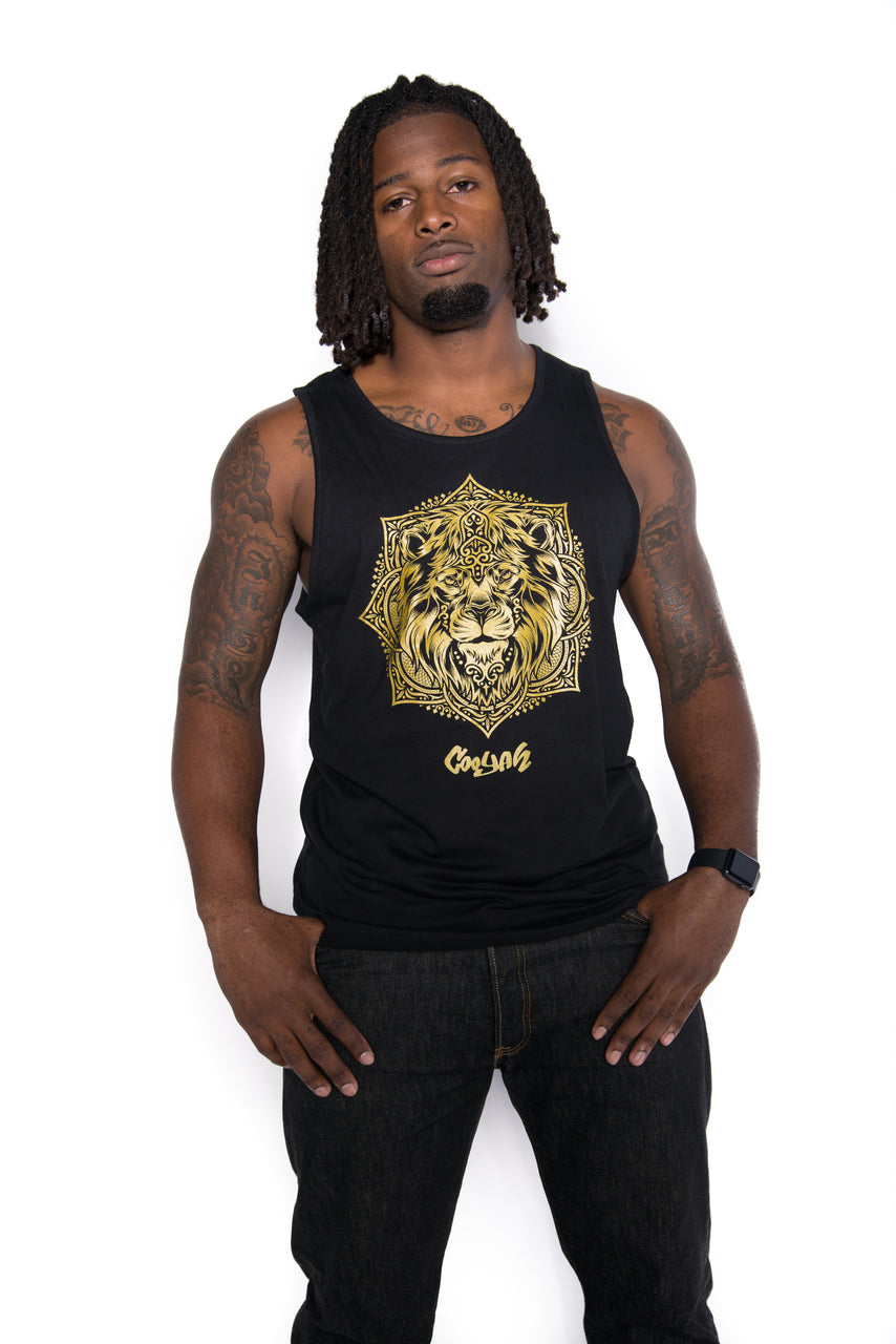 Cooyah Clothing Lion Mandala men's tank top in black.   Jamaican menswear clothing brand.