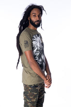 Load image into Gallery viewer, Cooyah Clothing. Haile Selassie King Rastafari men&#39;s graphic tee in army green. Short sleeve, crew neck, screen printed on 100% ringspun cotton. Jamaican menswear. Rasta
