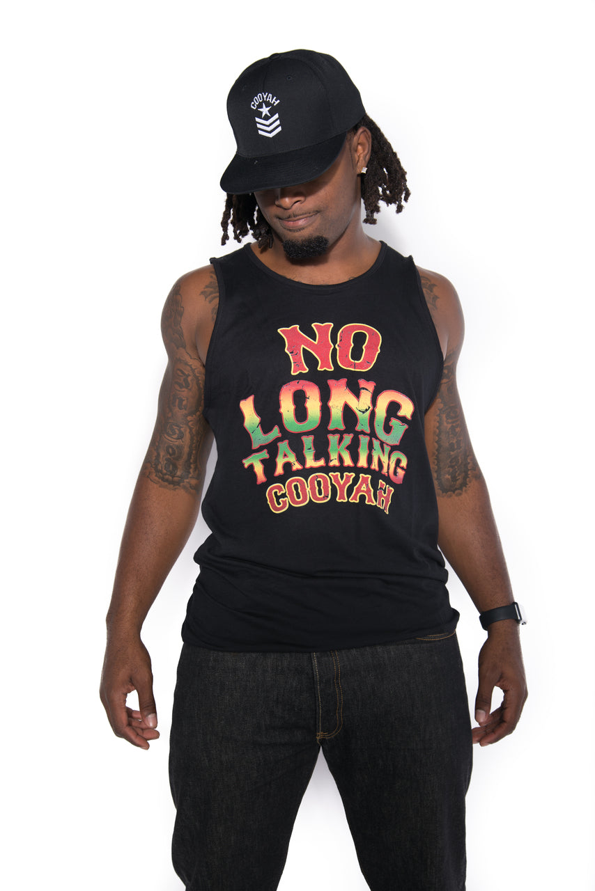 Cooyah Clothing.  Men's No Long Talking Rasta Tank Top.  Ringspun cotton.  Jamaican reggae clothing brand.