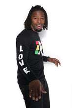 Load image into Gallery viewer, Cooyah Jamaica Irie Love long sleeve t-shirt in black. Screen printed with reggae colors design on soft, ringspun cotton.
