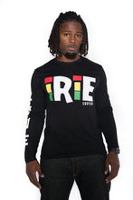 Load image into Gallery viewer, Cooyah Jamaica Irie long sleeve t-shirt in black.  Screen printed with reggae colors design on soft, ringspun cotton.
