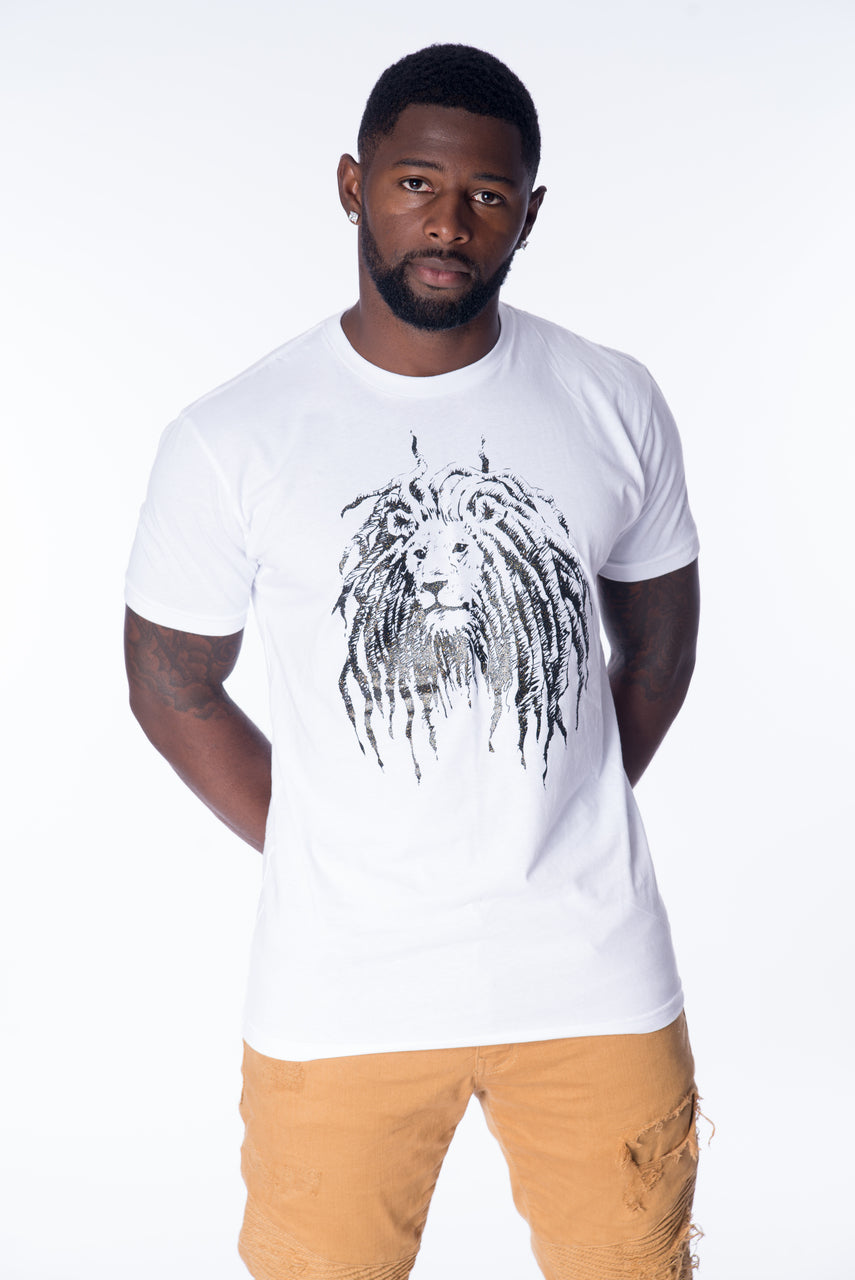 Cooyah Jamaica.  Men's Lion Sparkle T-Shirt.  Rasta Lion with Dreads design on ringspun cotton.  Jamaican clothing brand.