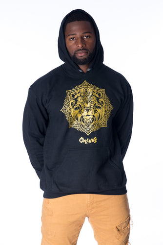 Cooyah Clothing.  Men's black Lion Mandala hoodie with gold print.  Jamaican menswear fashion