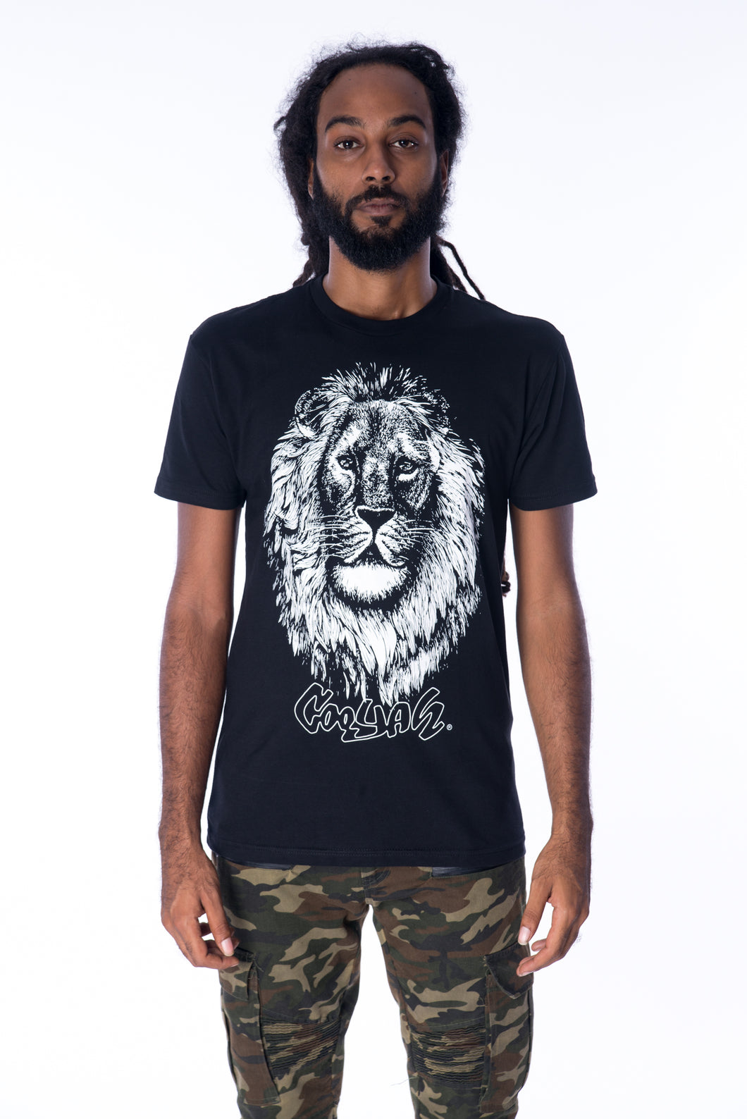 Cooyah Men's Big Face Lion Graphic Tee screen printed on a soft, 100% ringspun cotton black crew-neck t-shirt.  Jamaican owned reggae clothing brand since 1987.  IRIE