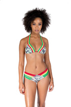 Cooyah Jamaica. Women's 2 piece bikini set in camouflage with reggae colors. Jamaican beachwear clothing brand.