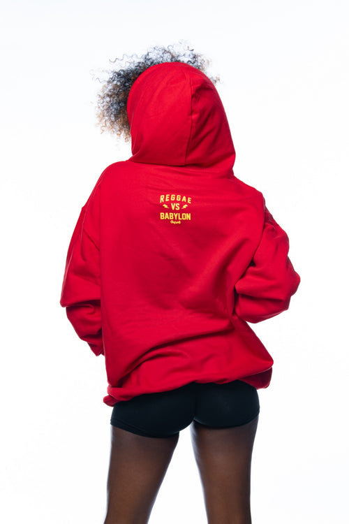 The original Reggae VS Babylon Pullover Red Hoodie by Cooyah Clothing. Women's Jamaican streetwear brand. IRIE