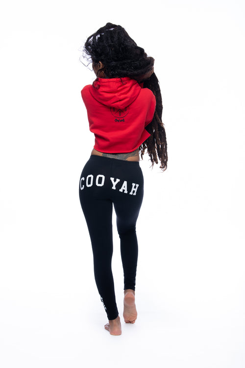 Cooyah - Red cropped hoodie with irie graphic. Hand-printed Jamaican streetwear designs on the front, back, and sleeve for added style by Cooyah.